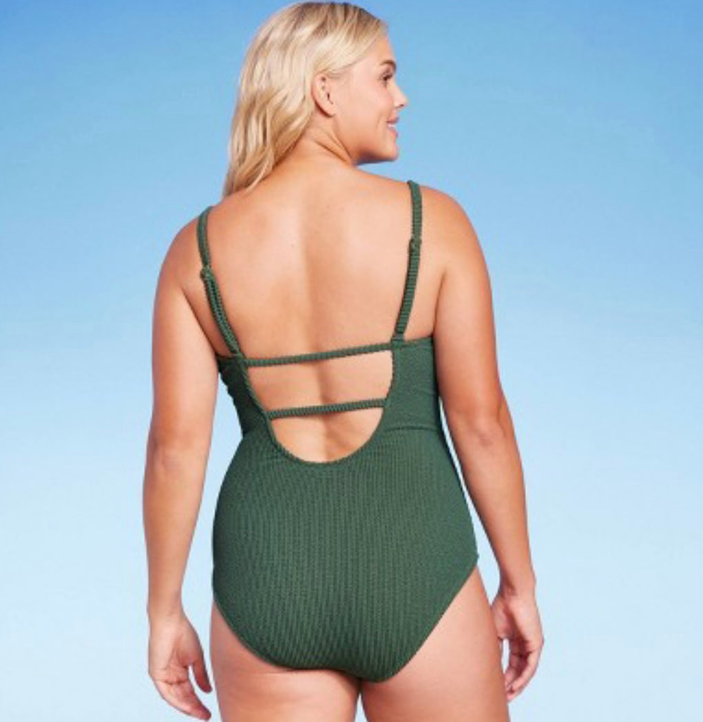 Women's Pucker Textured Square Neck High Coverage One Piece Swimsuit - Kona Sol™ Dark Green XL