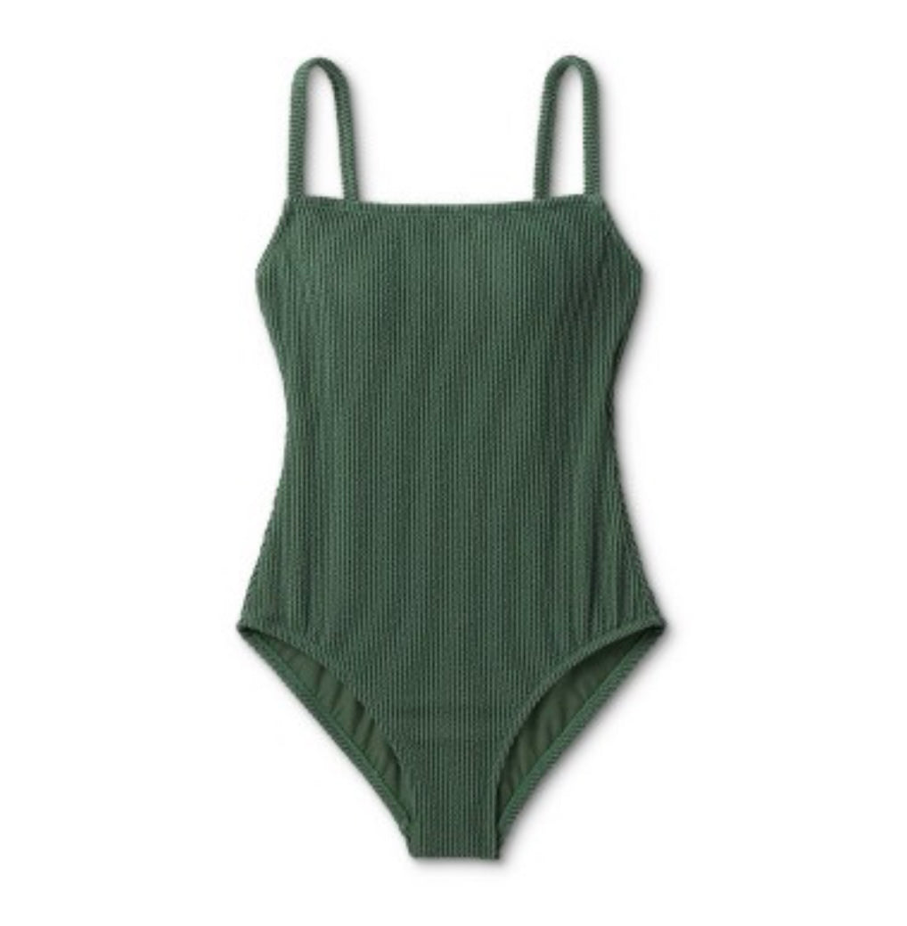Women's Pucker Textured Square Neck High Coverage One Piece Swimsuit - Kona Sol™ Dark Green XL