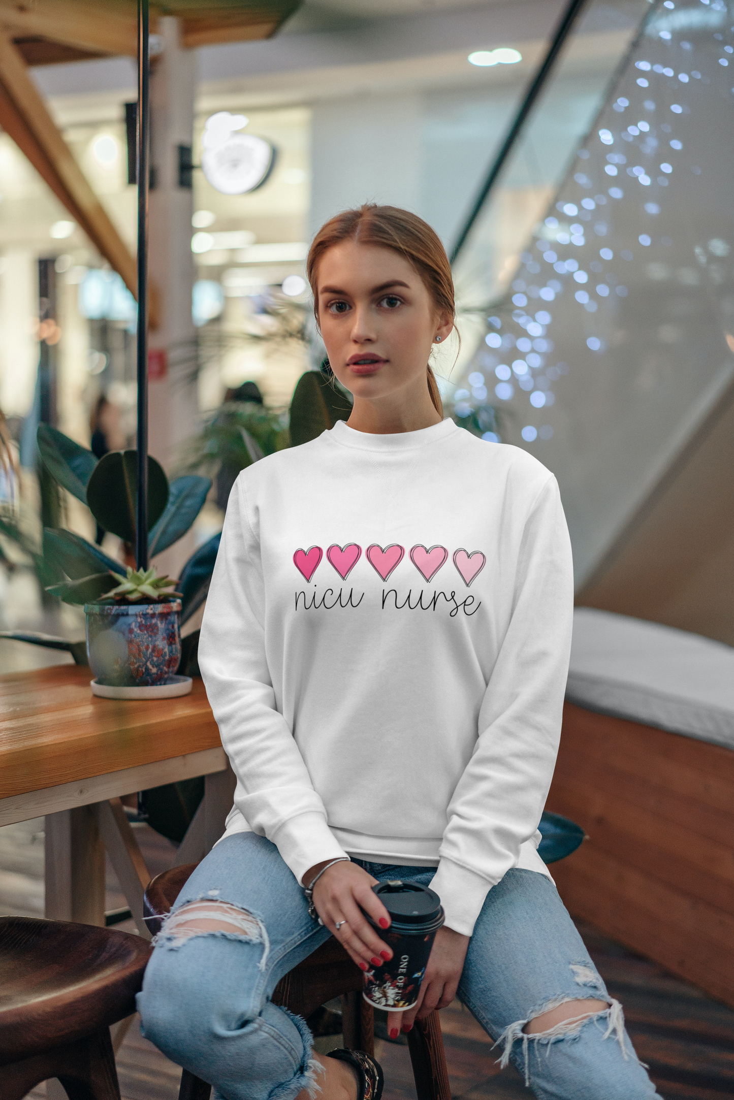 Akron Children's NICU Pink Hearts NICU Nurse Crew Neck