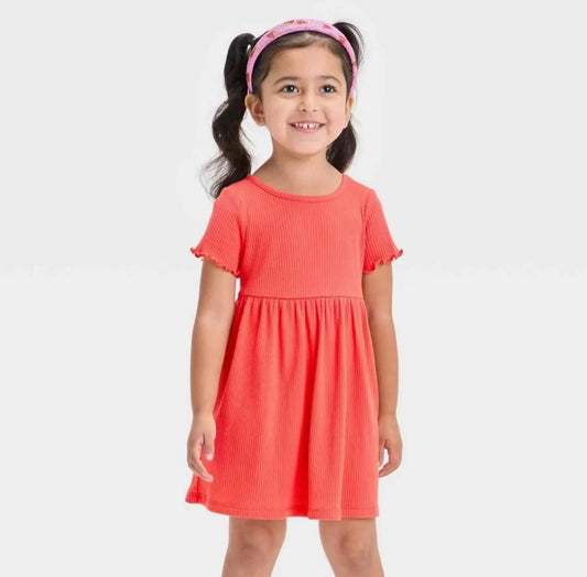 Toddler Girls' Short Sleeve Ribbed Dress - Cat & Jack™ Coral Orange 3T: a-Line, Crew Neck
