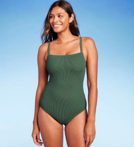 Women's Pucker Textured Square Neck High Coverage One Piece Swimsuit - Kona Sol™ Dark Green XL