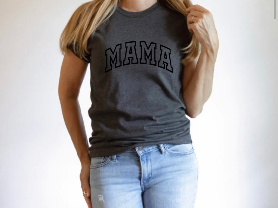 Black Puff Print on Graphite Heather Mama Tee