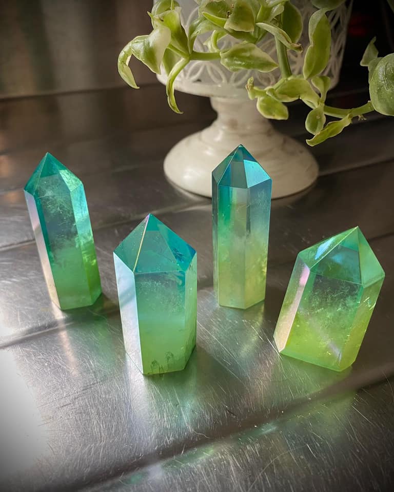 Dual Aura Quartz Point (Green and Teal)